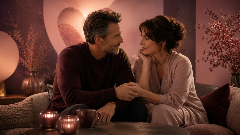 Intentional couple connection in warm lounge